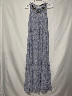 Sleeveless Blue Striped Maxi Dress with Embellished Neckline